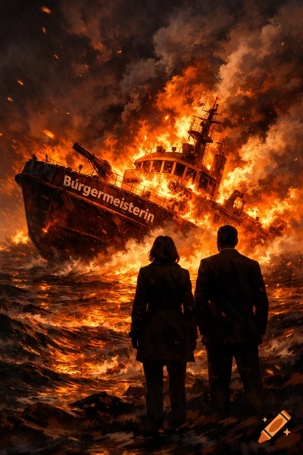 Two people watch a large ship named 'Bürgermeisterin' engulfed in massive flames on a stormy, fiery sea in a dramatic illustration.
