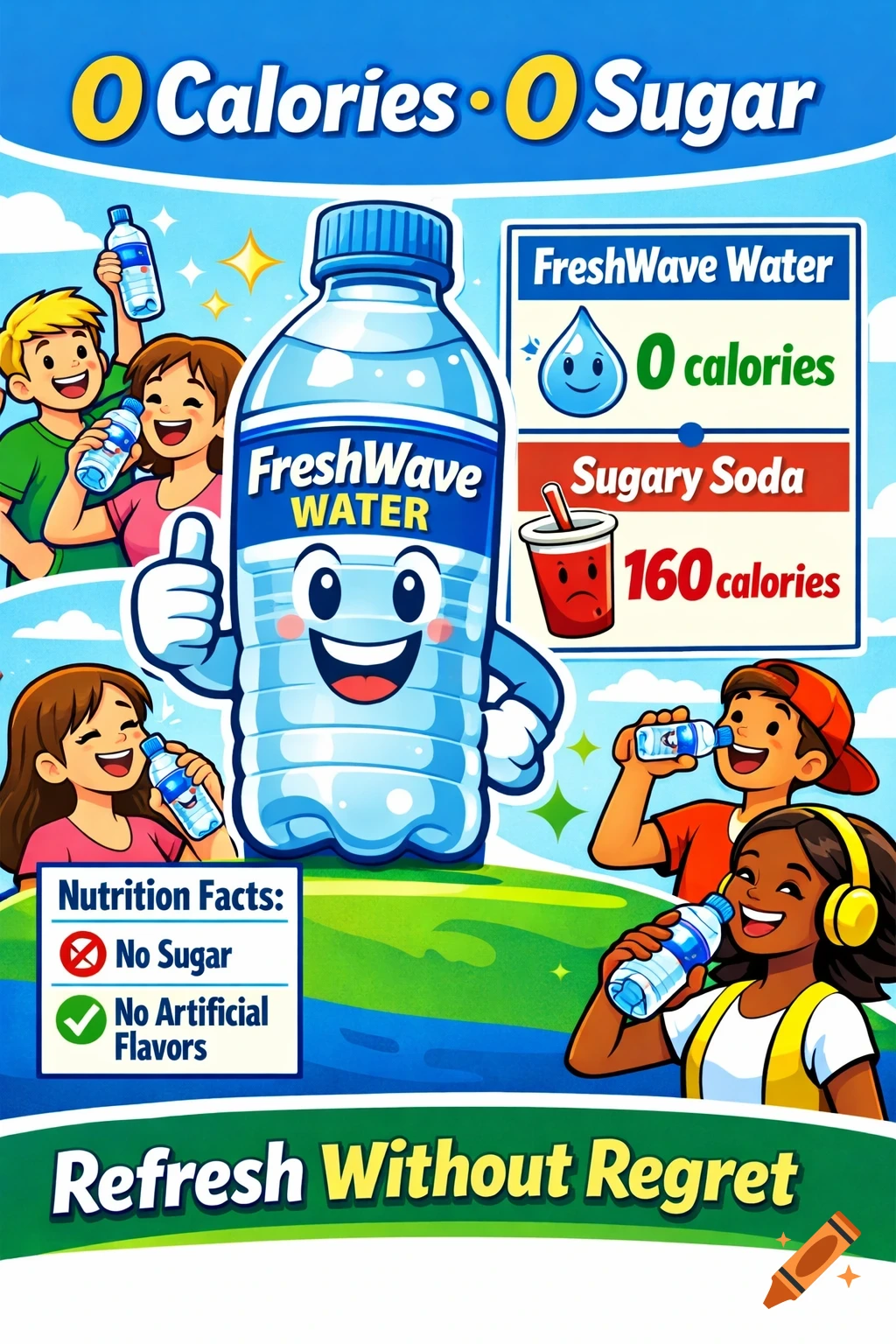 A bright cartoon advertisement for FreshWave Water featuring a smiling water bottle mascot, happy children, and text promoting '0 Calories 0 Sugar'.