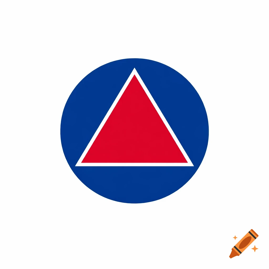 A red triangle inside a blue circle on a white background.