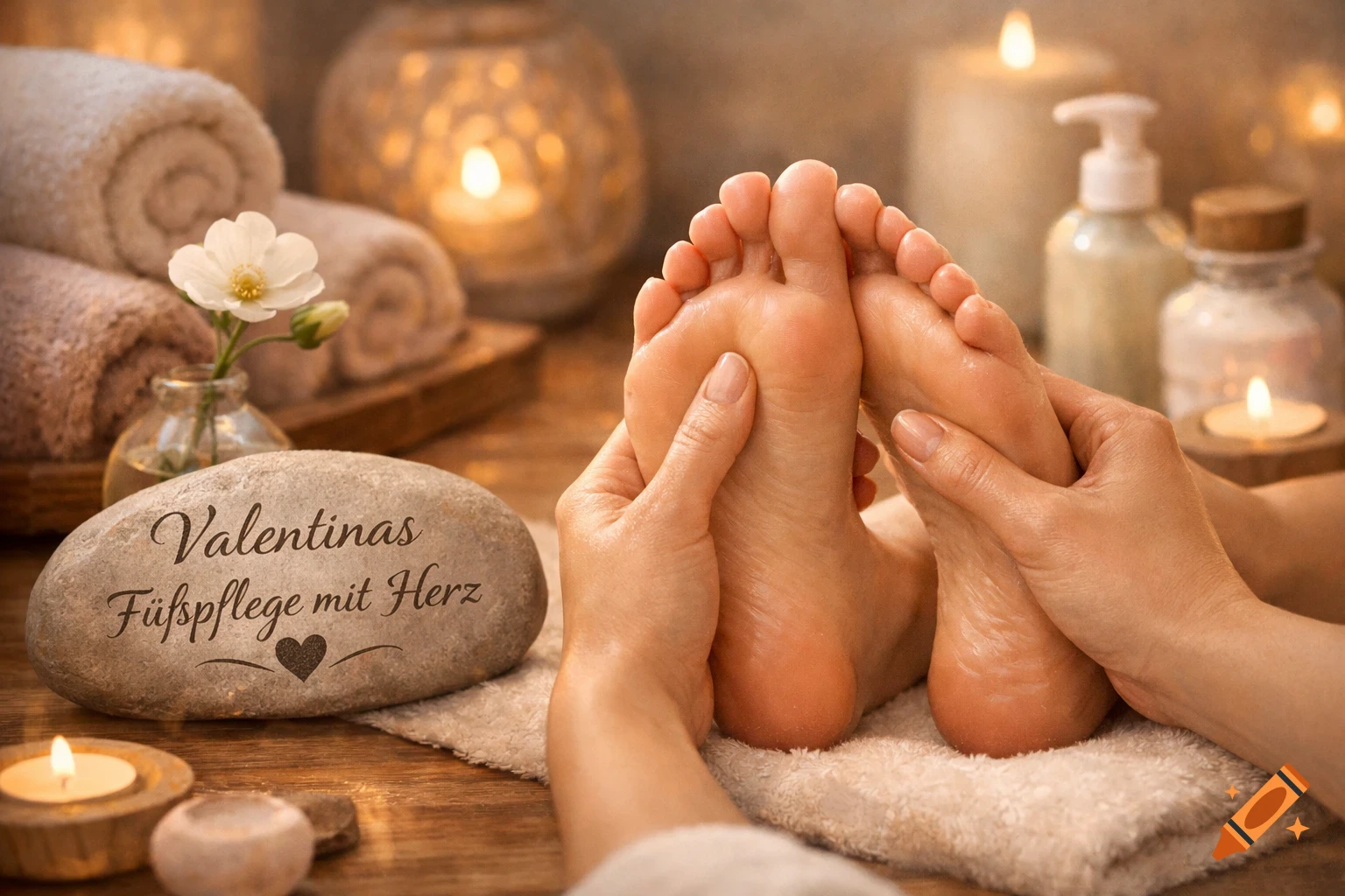 Close-up of hands massaging feet in a warm, spa setting with lit candles, towels, and a stone engraved 'Valentinas Fu despflege mit Herz'.