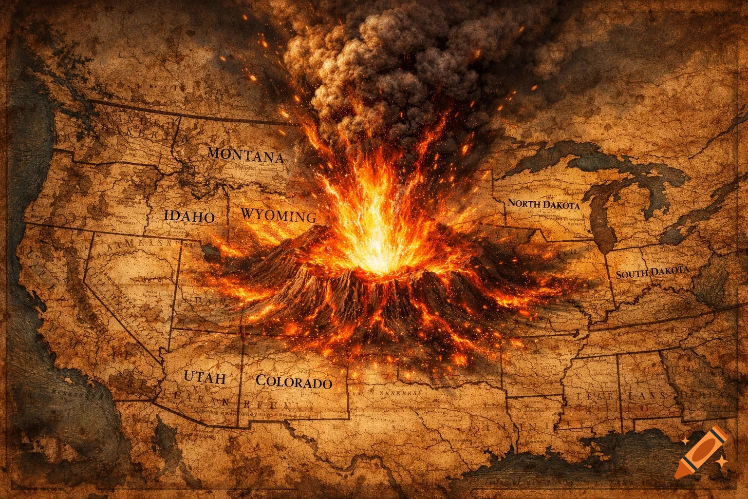 A dramatic volcanic eruption on an aged map of the USA, centered over the Yellowstone area with states like Montana and Wyoming labeled.