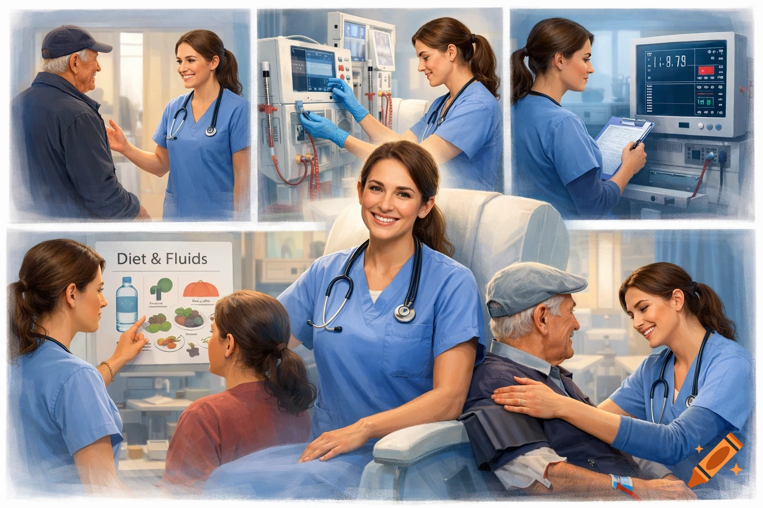 A collage showing a female nurse interacting with patients and medical equipment in a dialysis setting, including educating on diet and fluids, monitoring machines, and providing comfort.