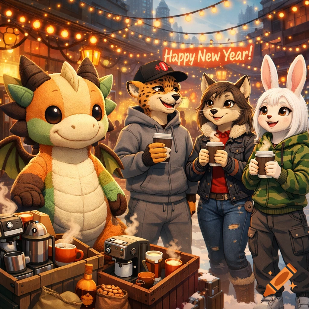 A plushie dragon and three anthropomorphic animals, a cheetah, a wolf, and a bunny, celebrate New Year at a festive market with coffee stands under twinkling lights.
