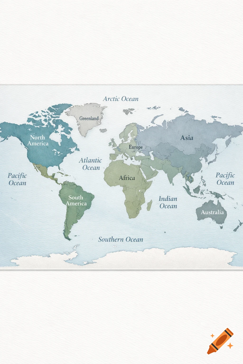 A watercolor-style world map showing continents and oceans with their labels.