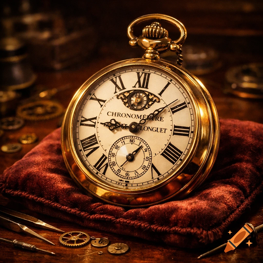 A close-up, warm-toned photorealistic image of a vintage gold pocket watch resting on a red velvet cushion, surrounded by watchmaking tools and gears on a wooden surface.
