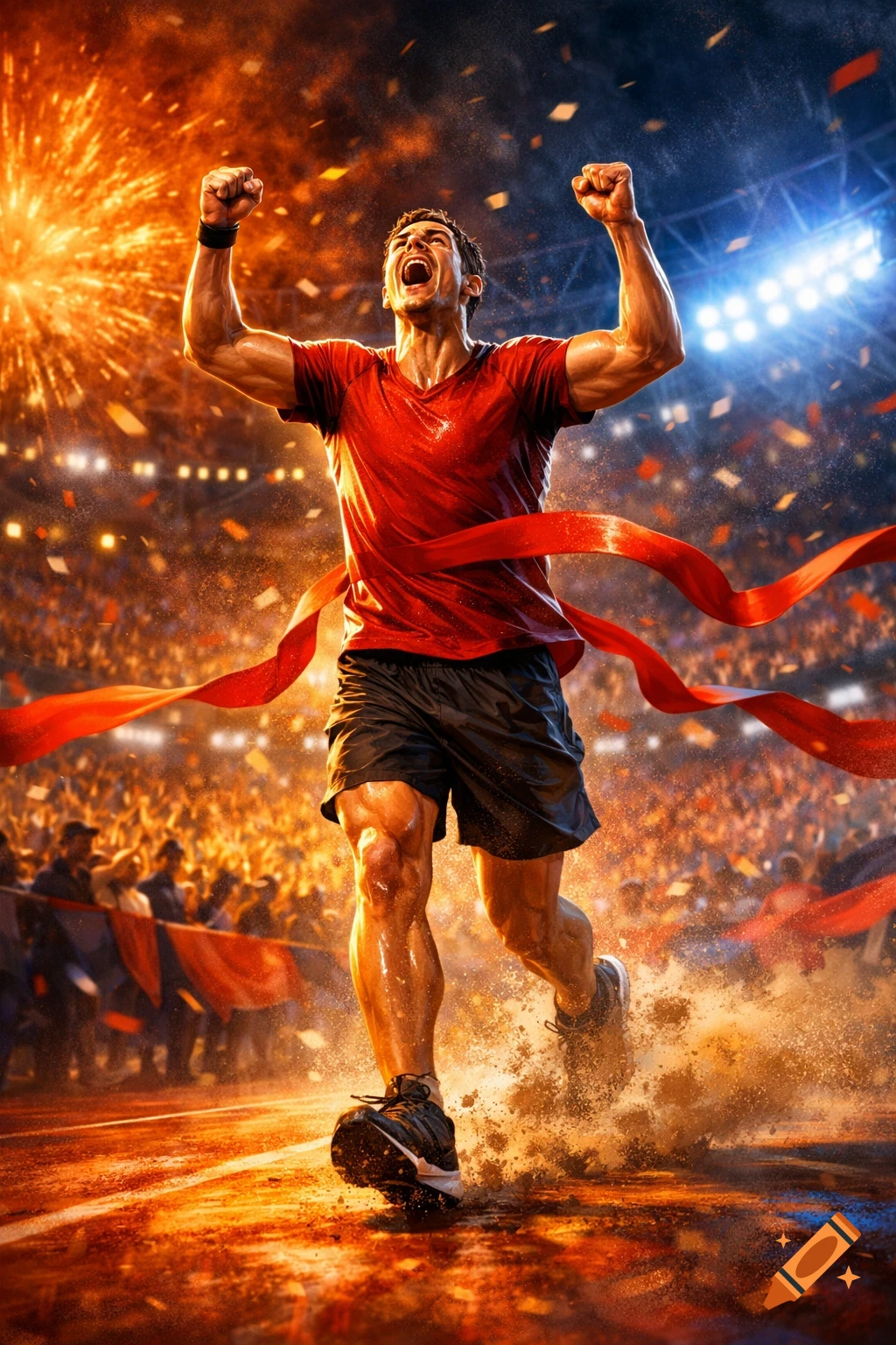A muscular male runner in a red shirt celebrates victory, crossing the finish line on a track in a stadium at night, with fireworks and confetti.