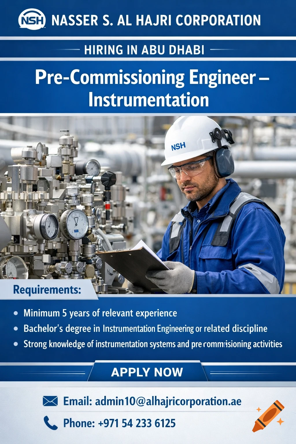 A LinkedIn job advertisement poster for an Instrumentation Engineer, featuring a man in safety gear at an industrial plant, listing job requirements and contact details.