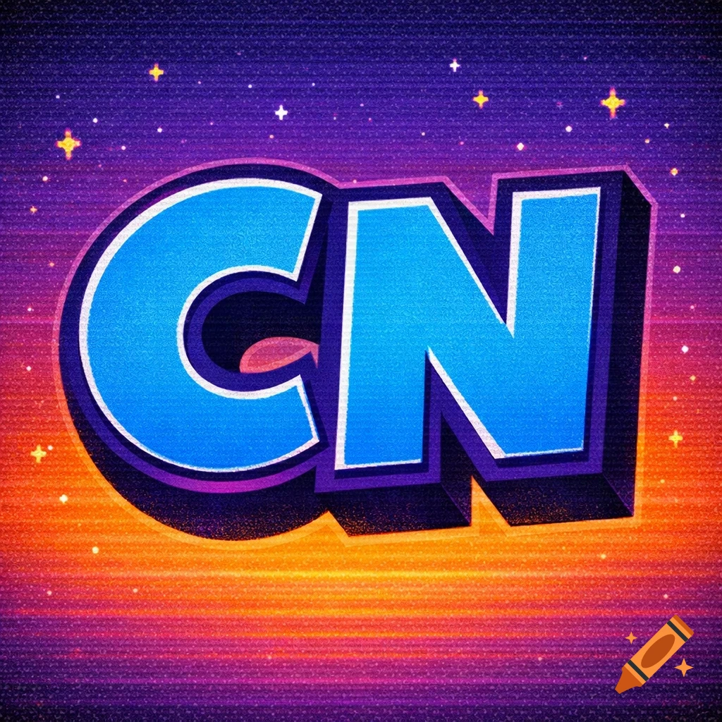 Blue, blocky 'CN' letters with a retro pixel art style against a starry purple and orange gradient background.