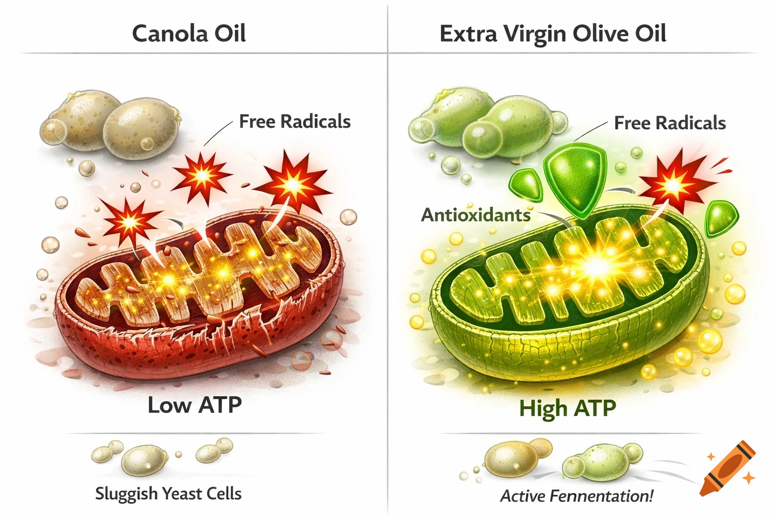 A split-screen scientific diagram compares red mitochondria with canola oil, free radicals, low ATP, and sluggish yeast, to green mitochondria with olive oil, antioxidants, high ATP, and active fermentation.