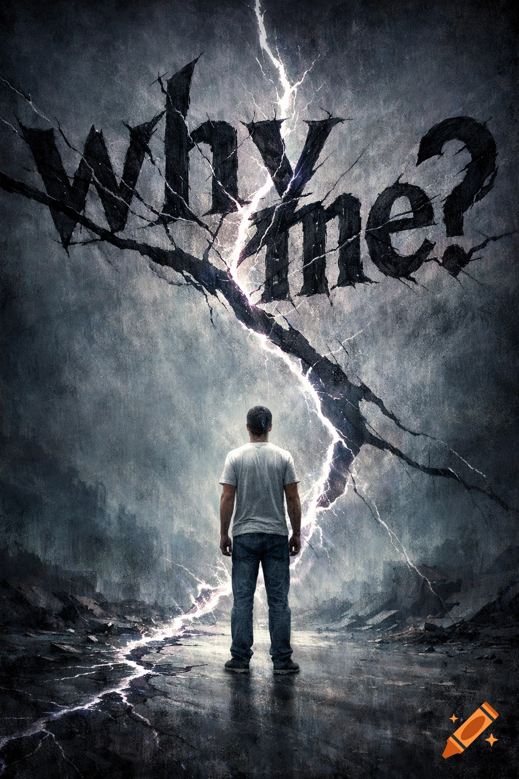 A person from behind stands in a dark, cracked landscape with lightning and the text 'Why me?' overhead, conveying a dramatic, moody scene.