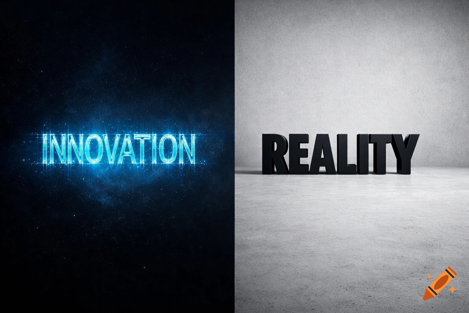 A split screen image. Left side: glowing blue text "INNOVATION" on a starry, dark blue background. Right side: solid black 3D text "REALITY" on a concrete surface.