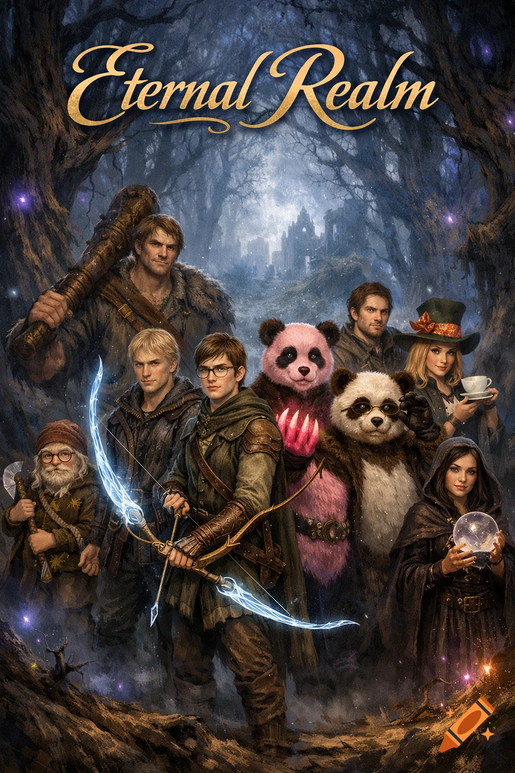 A fantasy artwork of a diverse group of characters, including humans, a gnome, and two pandas, in an enchanted forest with distant ruins, titled 'Eternal Realm'.