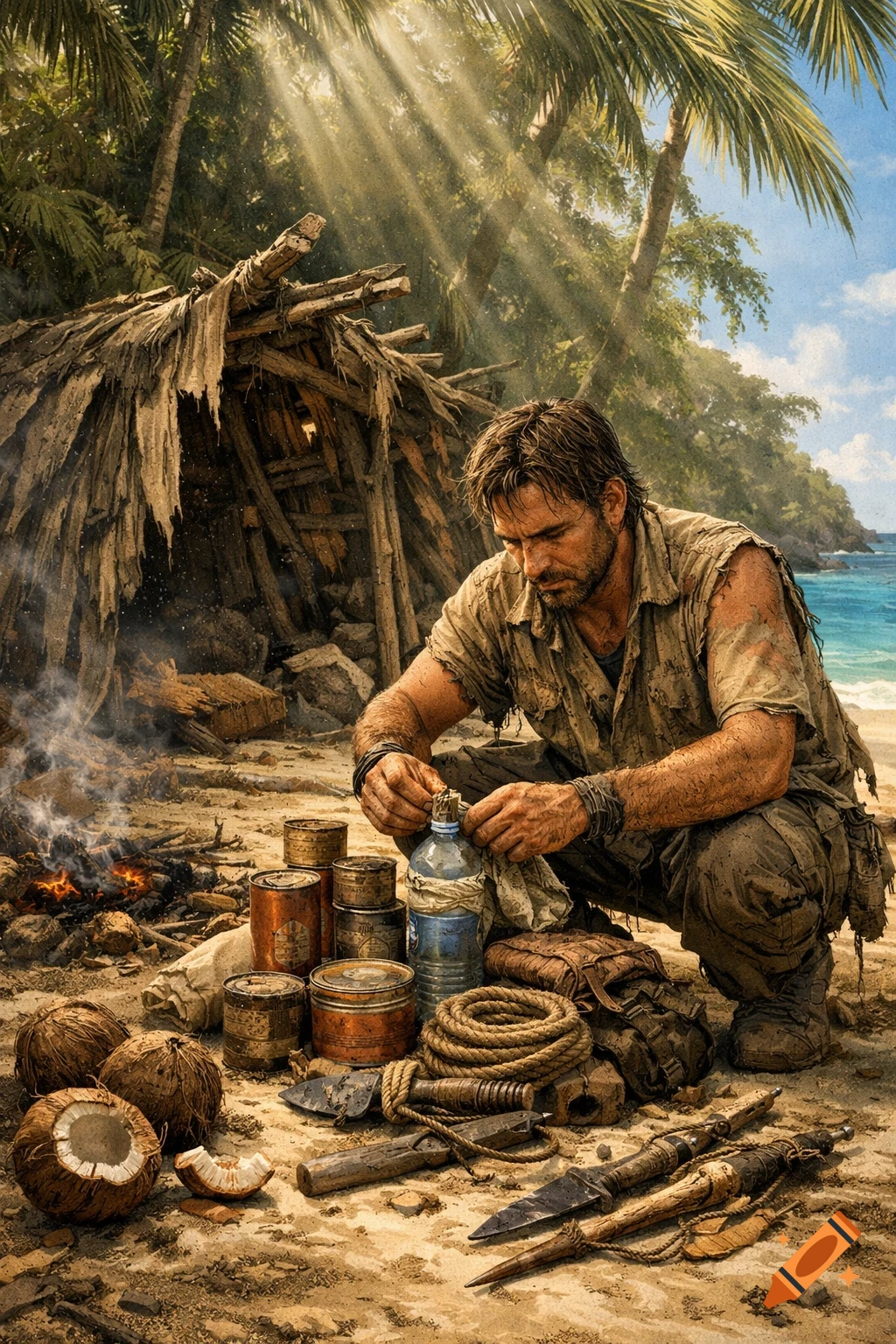Photorealistic image of a rugged man preparing supplies by a fire on a tropical beach next to a makeshift hut.