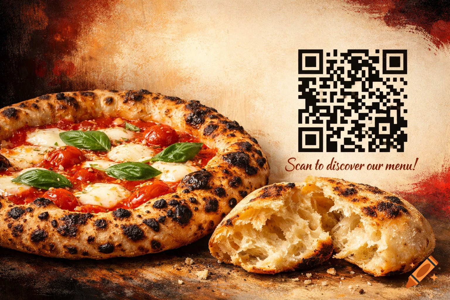 A close-up shot of a Neapolitan pizza with a leopard crust, fresh basil, mozzarella, and cherry tomatoes, next to a broken puccia bread. A QR code and text 'Scan to discover our menu!' are on a warm, textured background.