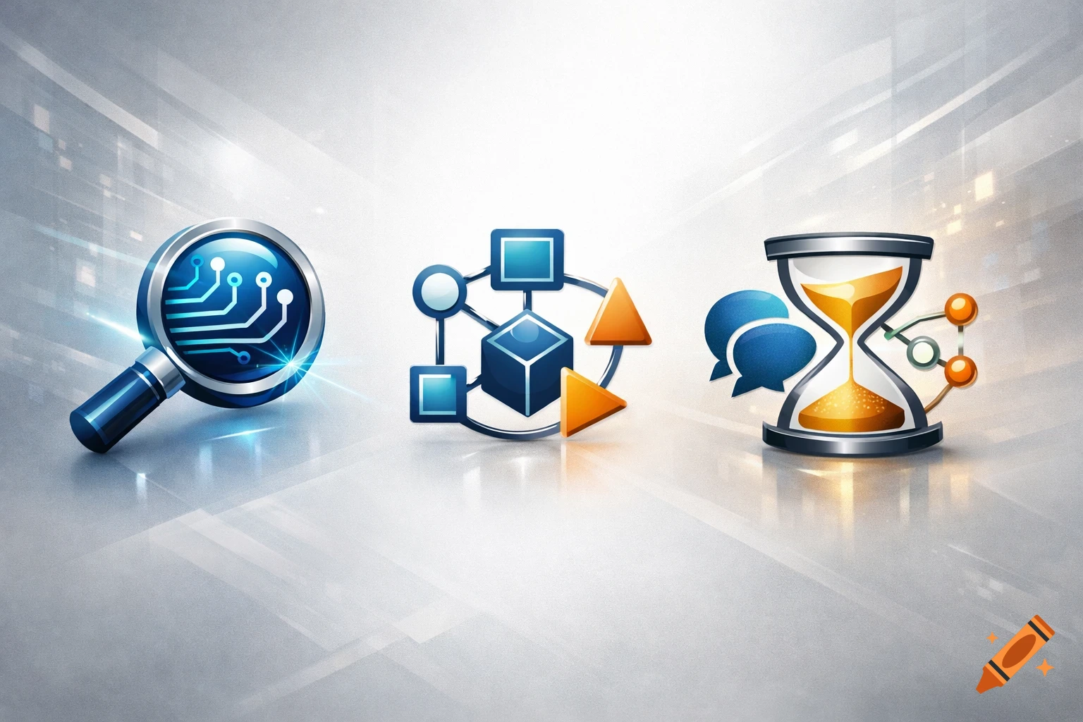 Three glossy icons: a magnifying glass with a circuit, a network of interconnected shapes, and an hourglass with speech bubbles.