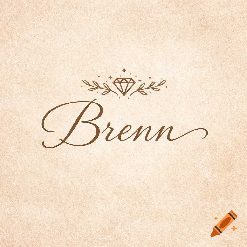 Calligraphic 'Brenn' logo with a delicate diamond and leaf motif on a beige textured background.