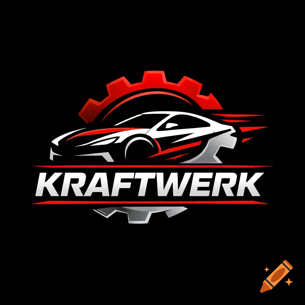 A modern car repair logo with a white and red stylized sports car silhouette over a red gear, with the word KRAFTWERK below, on a black background.
