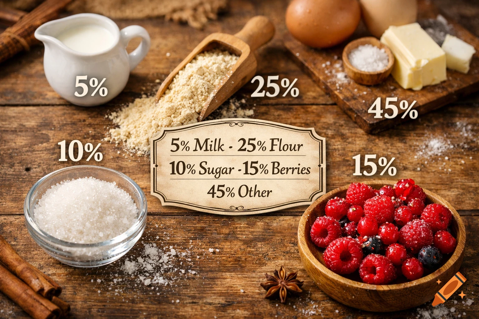 Top-down shot of baking ingredients including milk, flour, sugar, berries, butter, and eggs, with percentage labels on a wooden table.