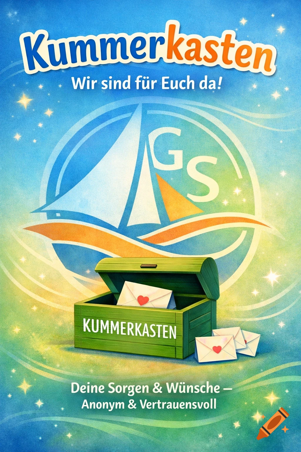 A colorful, cartoonish poster for a 'Kummerkasten' (worry box) showing an open green chest with letters inside and around it, set against a blue and green background with a stylized sailboat logo and stars. German text titles the poster.