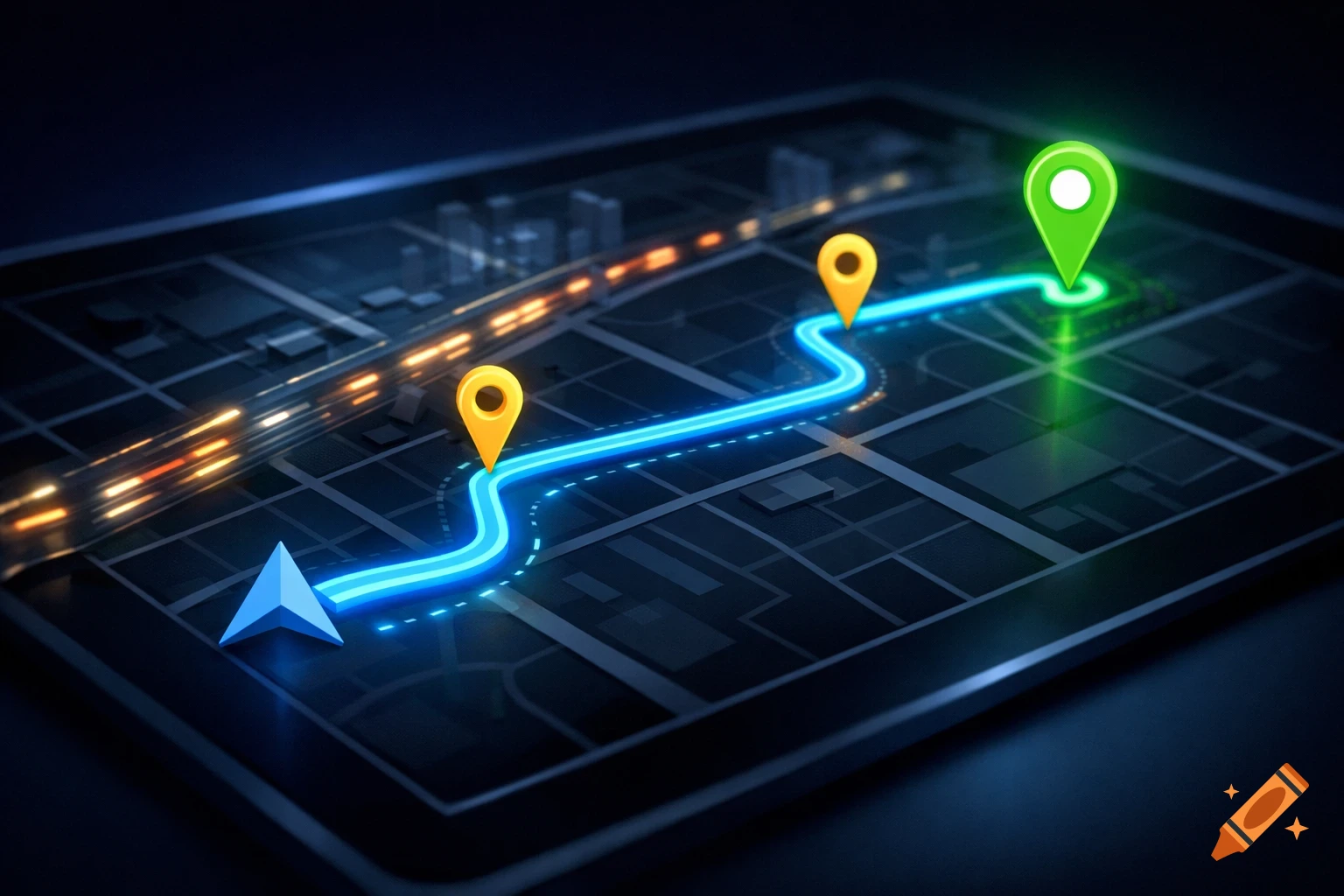 A stylized 3D map showing a glowing blue navigation route with yellow and green location pins, and a blue arrow.