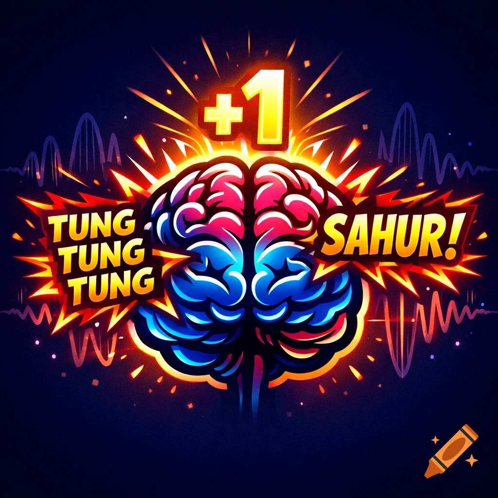 A vibrant, cartoon-style illustration of a brain exploding with energy. Text reads "TUNG TUNG TUNG SAHUR!" and "+1" amidst orange and yellow light.
