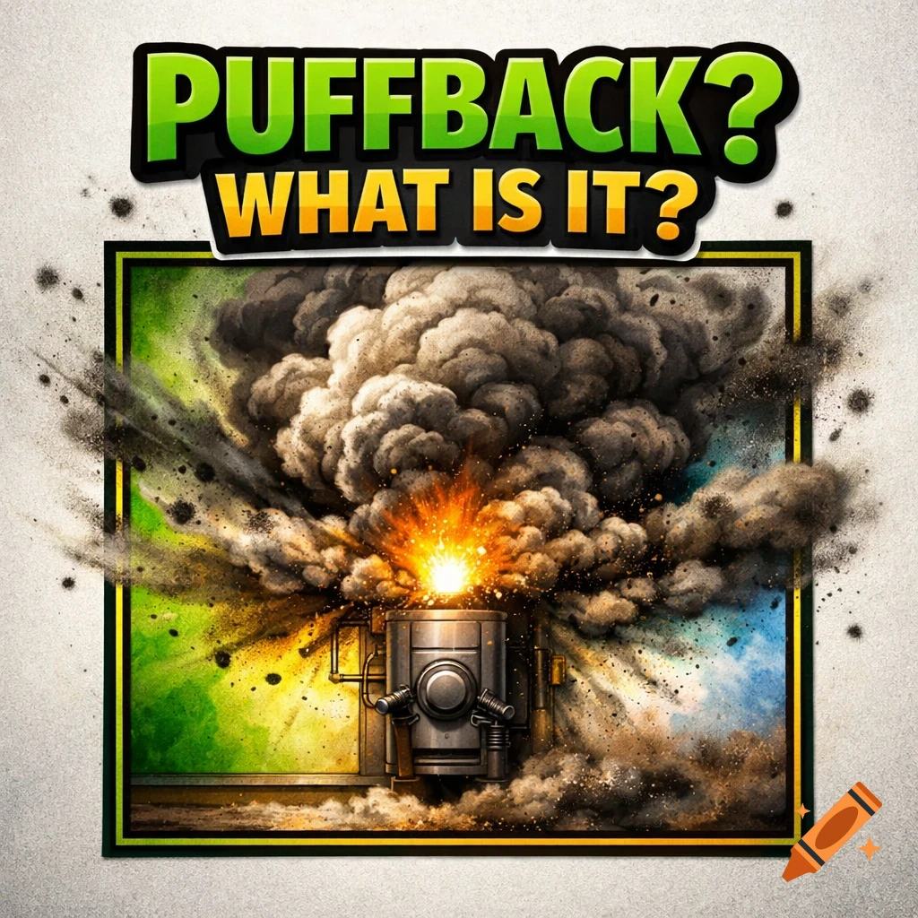 An illustrative image of a machine exploding in a cloud of smoke, sparks, and debris, with text 'PUFFBACK? WHAT IS IT?' above.