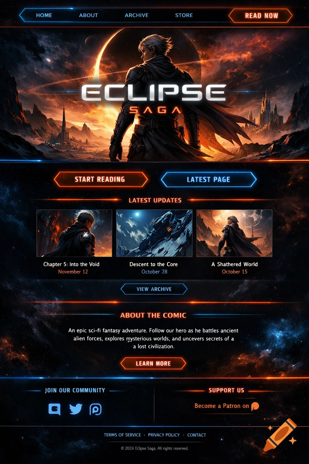 A dark-themed web design for a sci-fi fantasy webcomic, featuring a warrior with a planet backdrop, navigation, and comic updates.