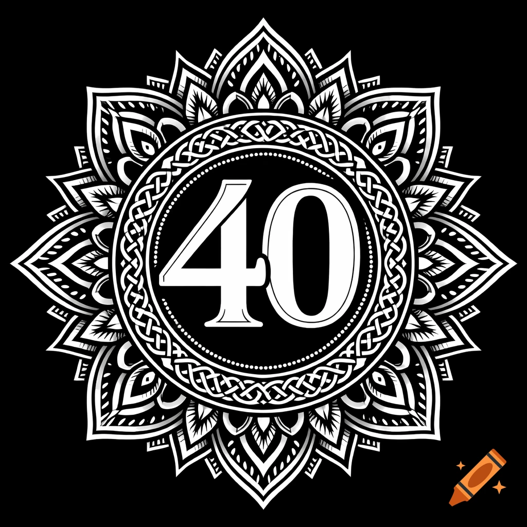 A black and white mandala with intricate floral patterns radiating outwards, centered around the bold number "40".