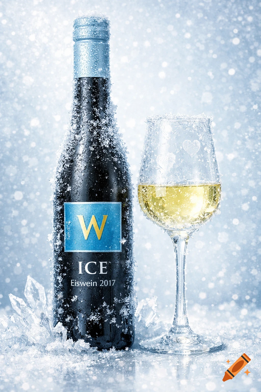 A frosted dark wine bottle with a blue and gold label stands beside a frosted wine glass filled with golden wine, surrounded by ice and snow.