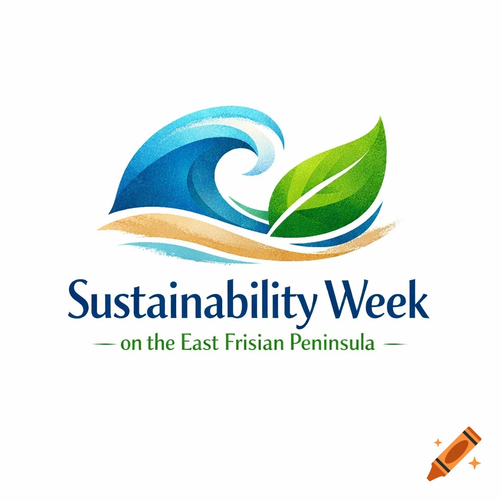Logo with a blue wave, green leaf, and sandy beach, reading 'Sustainability Week on the East Frisian Peninsula'.
