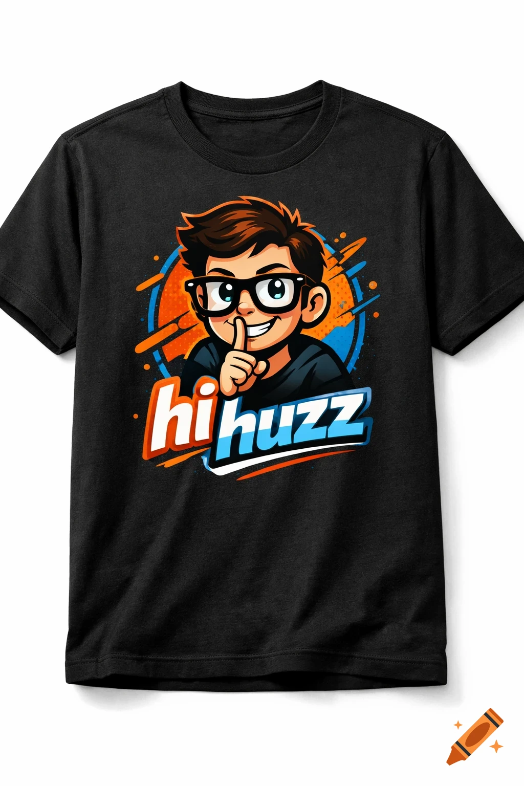 Black t-shirt with a cartoon boy wearing glasses shushing, above the text 'hi huzz' in orange and blue.