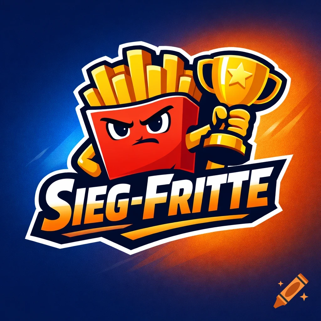 A cartoon red french fry box with an angry face and arms holds a golden trophy, with "SIEG-FRITTE" text below, on a blue and orange background.