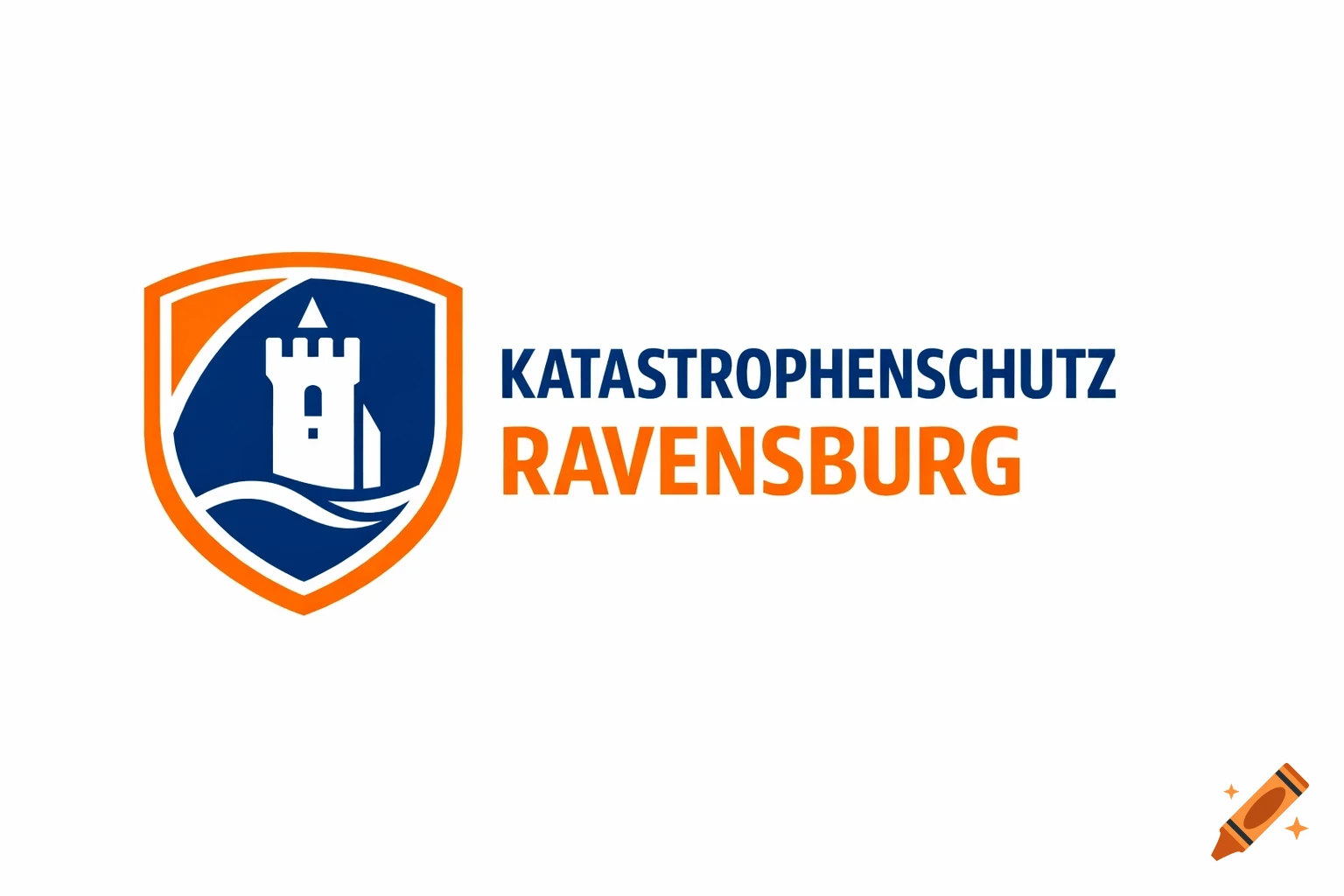 A logo for Katastrophenschutz Ravensburg, featuring an orange-bordered blue shield with a white castle tower on waves.