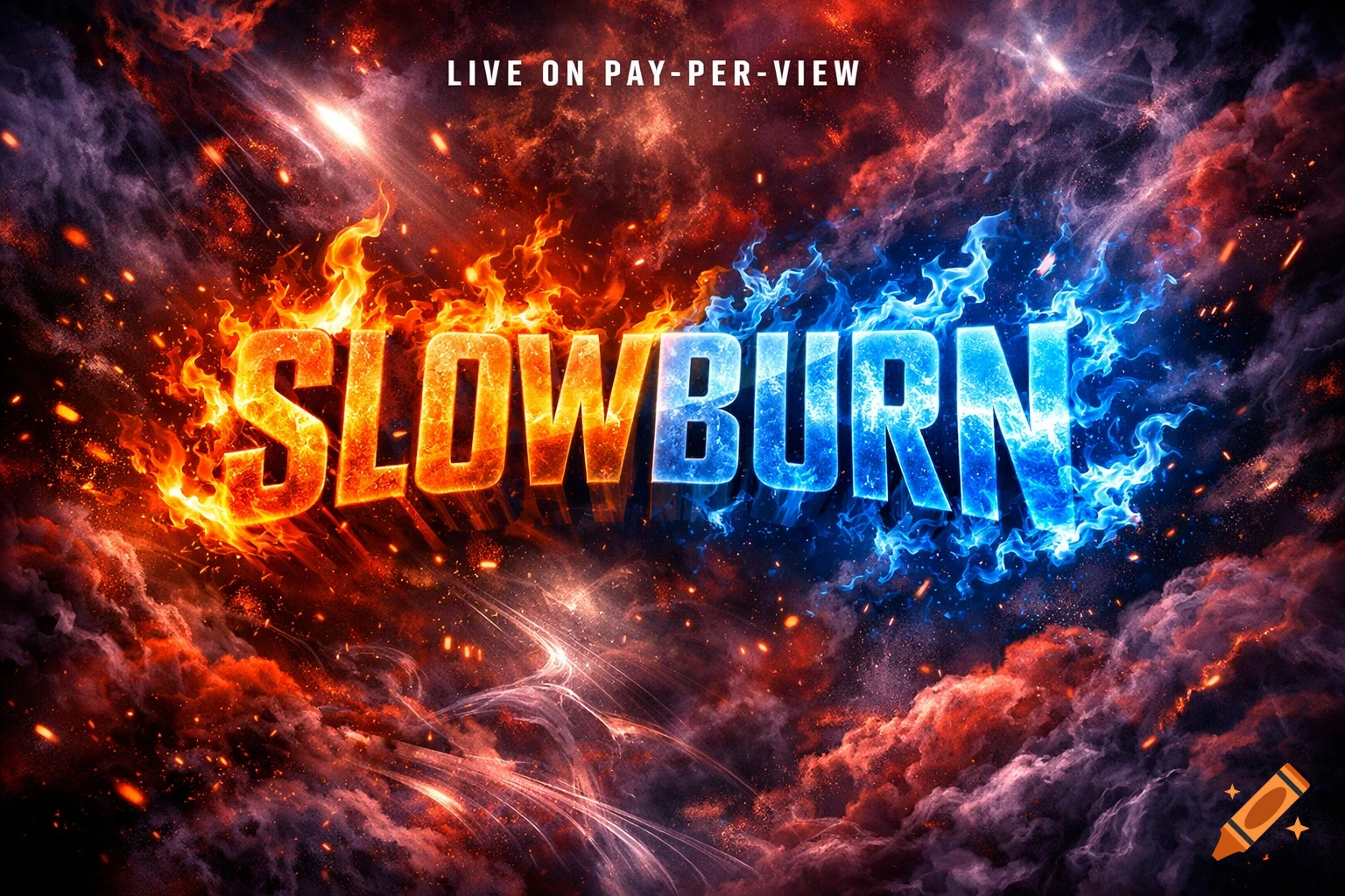 Text 'SLOWBURN' engulfed in orange and blue flames, with 'LIVE ON PAY-PER-VIEW' above, amidst swirling clouds and sparks.