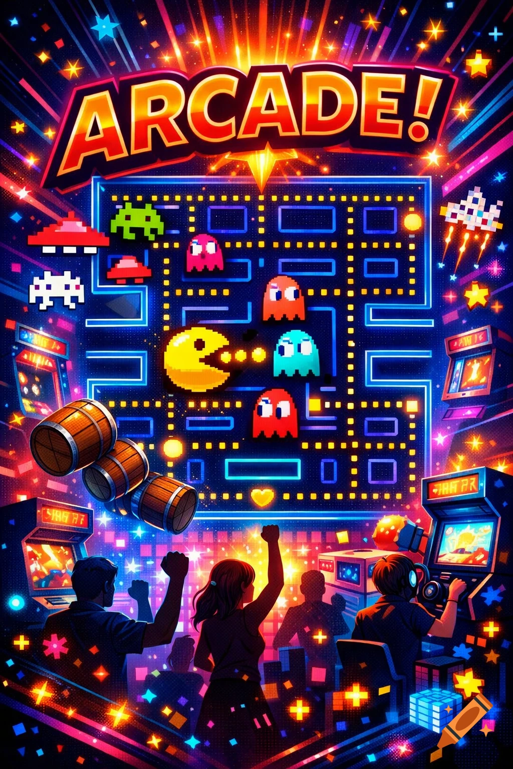 A vibrant, neon-lit arcade scene with pixel art characters like Pac-Man and Space Invaders, featuring the word "ARCADE!" at the top, and silhouettes of people playing games.