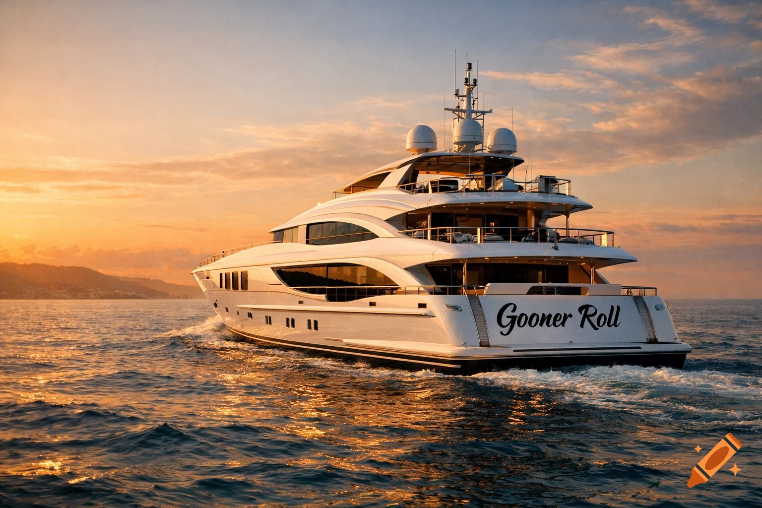 A luxurious white yacht named 'Gooner Roll' cruises on the ocean at sunset, with distant mountains.