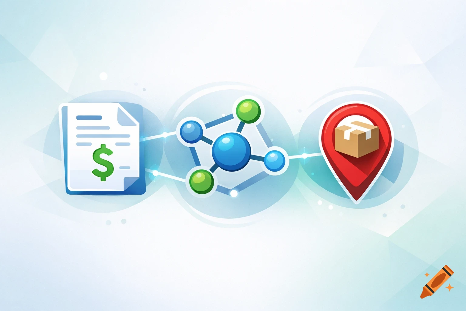 Illustrative icons depicting invoice, network, and delivery connected by lines on a light blue background.