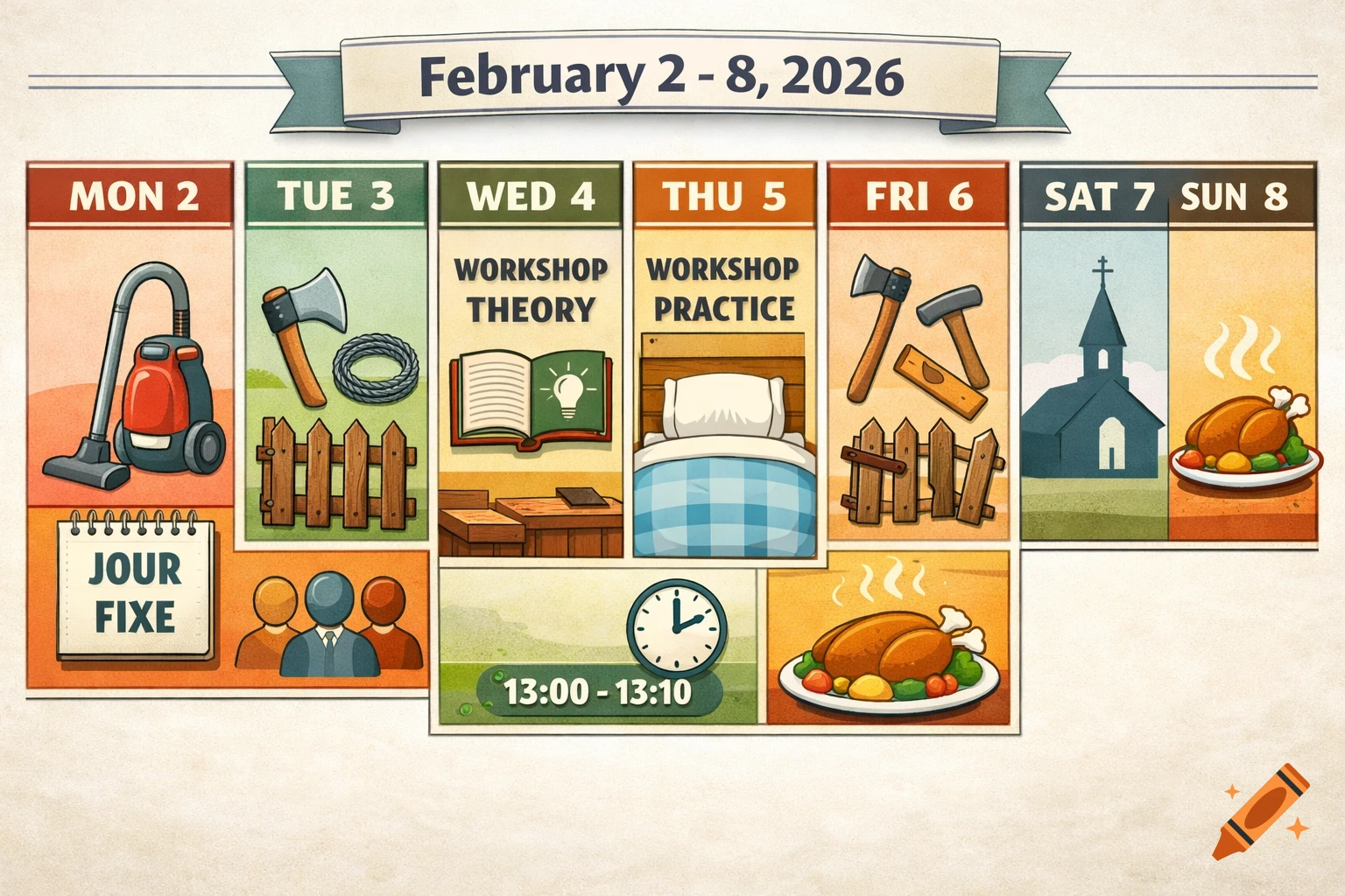 A stylized weekly schedule for February 2-8, 2026, showing daily tasks with icons like vacuuming, gardening, workshops, church, and a roasted chicken.