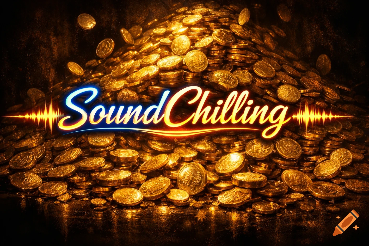The text 'SoundChilling' with glowing blue and orange outlines and sound wave graphics, set against a large, shimmering pile of gold coins on a dark background.