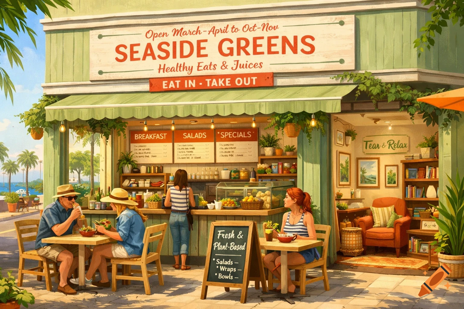 An inviting illustration of a 'Seaside Greens' cafe with outdoor seating by the ocean. Patrons enjoy meals while a counter inside offers healthy eats. The shop is adorned with green walls, a light green awning, and lush plants.