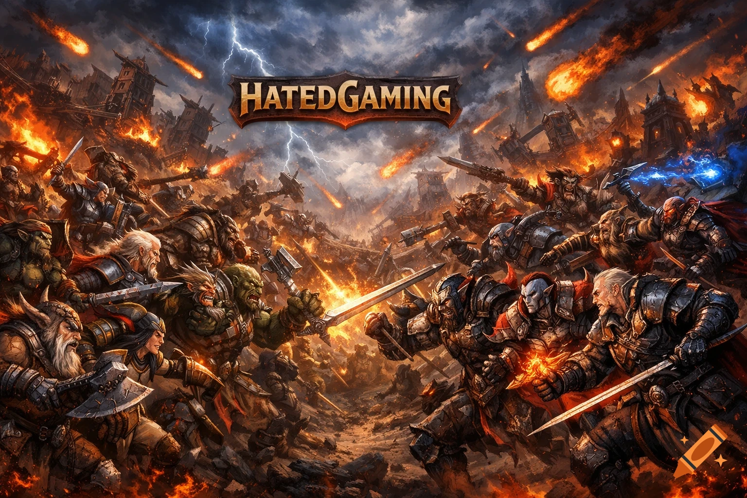 An epic fantasy battle scene featuring two armies, including orcs and armored warriors, clashing amidst a burning city under a stormy sky with meteors. The logo "HATEDGAMING" is prominently displayed above the fray.