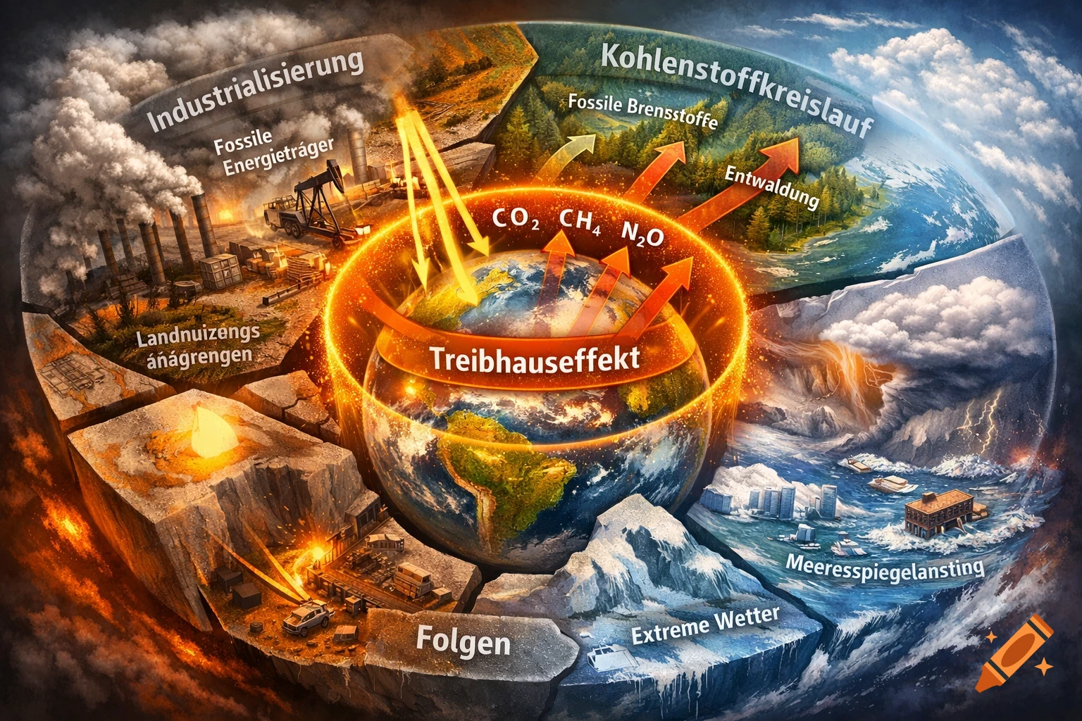 An infographic diagram illustrating the causes, mechanisms, and consequences of anthropogenic climate change, with text labels in German.