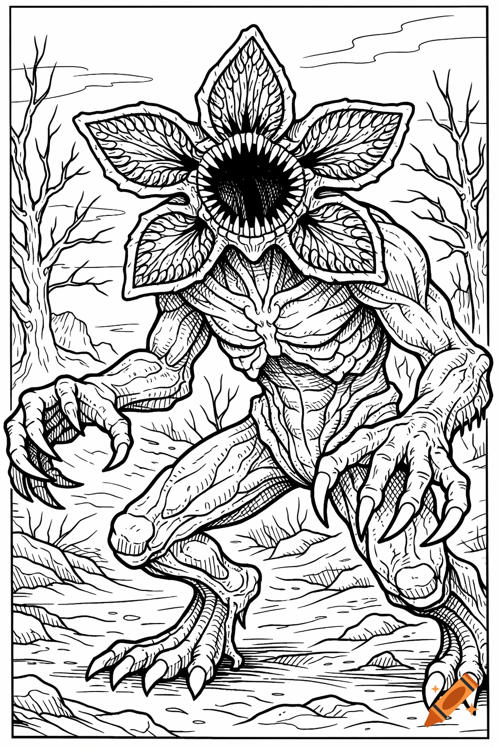 Black and white coloring page of a Demogorgon monster with a flower-like head and sharp teeth, standing in a barren forest.