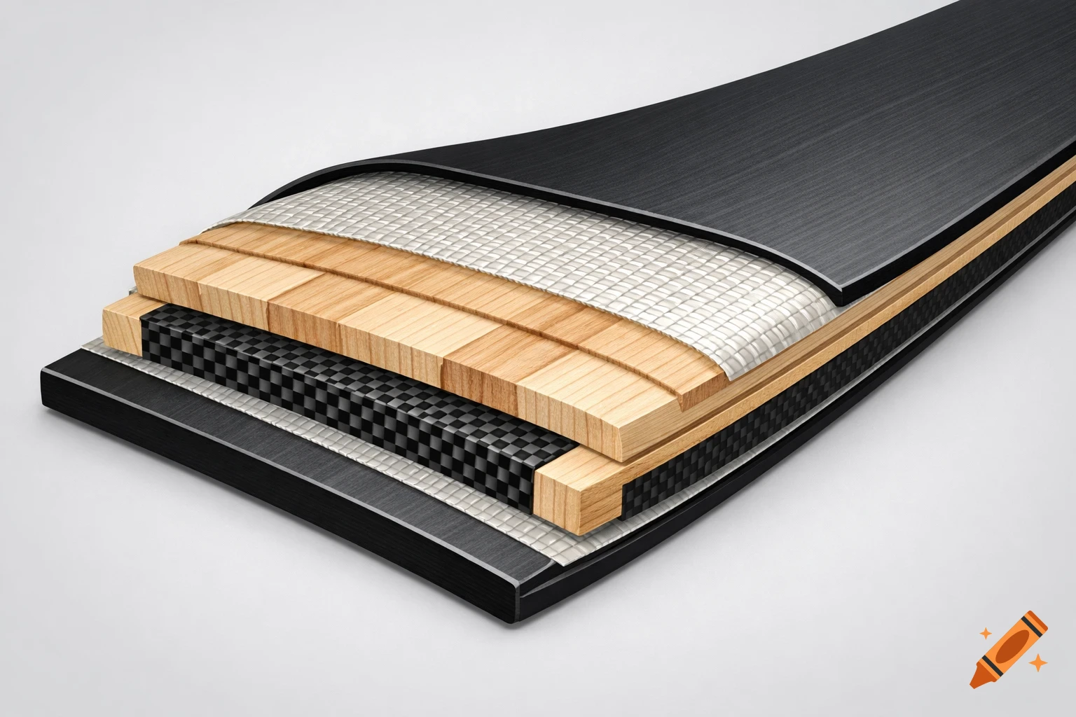 Detailed, realistic cross-section of a ski showing its layered construction: wood core, fiberglass, carbon fiber, and top sheet.