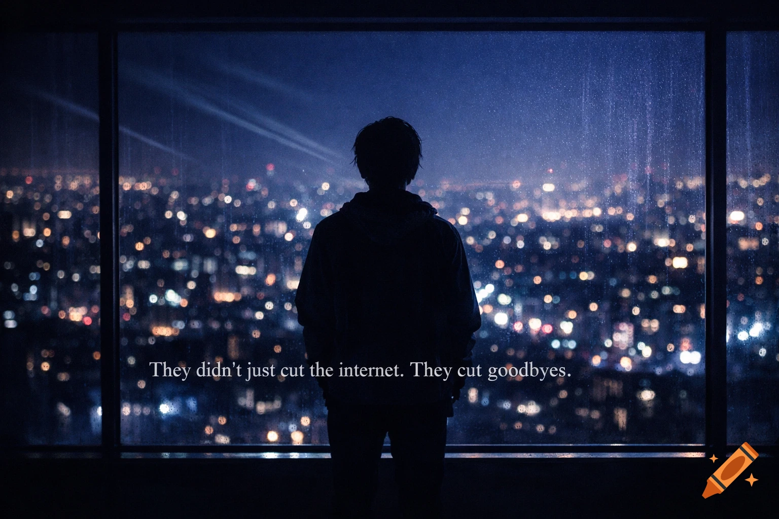 A person's silhouette looks out a window at a night city with blurred lights. Text: 'They didn’t just cut the internet. They cut goodbyes.'