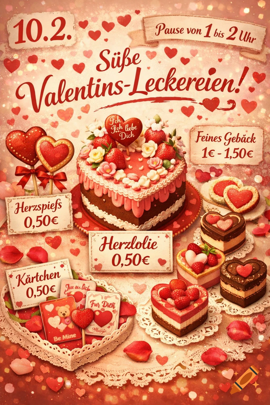 A Valentine's Day themed advertisement poster for sweet treats, featuring a heart-shaped cake, heart-shaped lollipops, cookies, and small cards, with prices and event details in German.