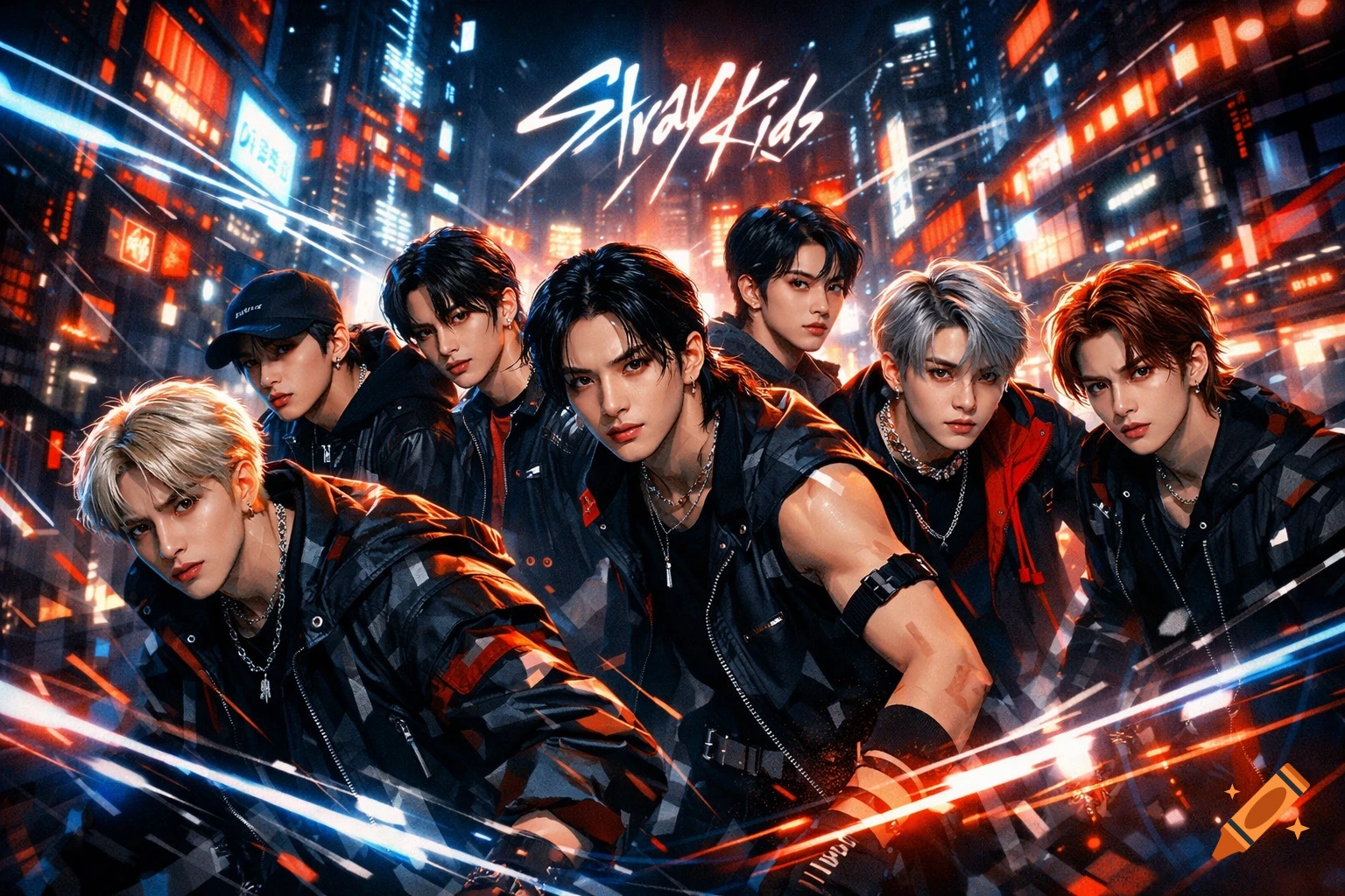 Seven young men from the K-pop band Stray Kids in a dynamic, neon-lit cyberpunk city scene. They wear dark, stylish outfits.
