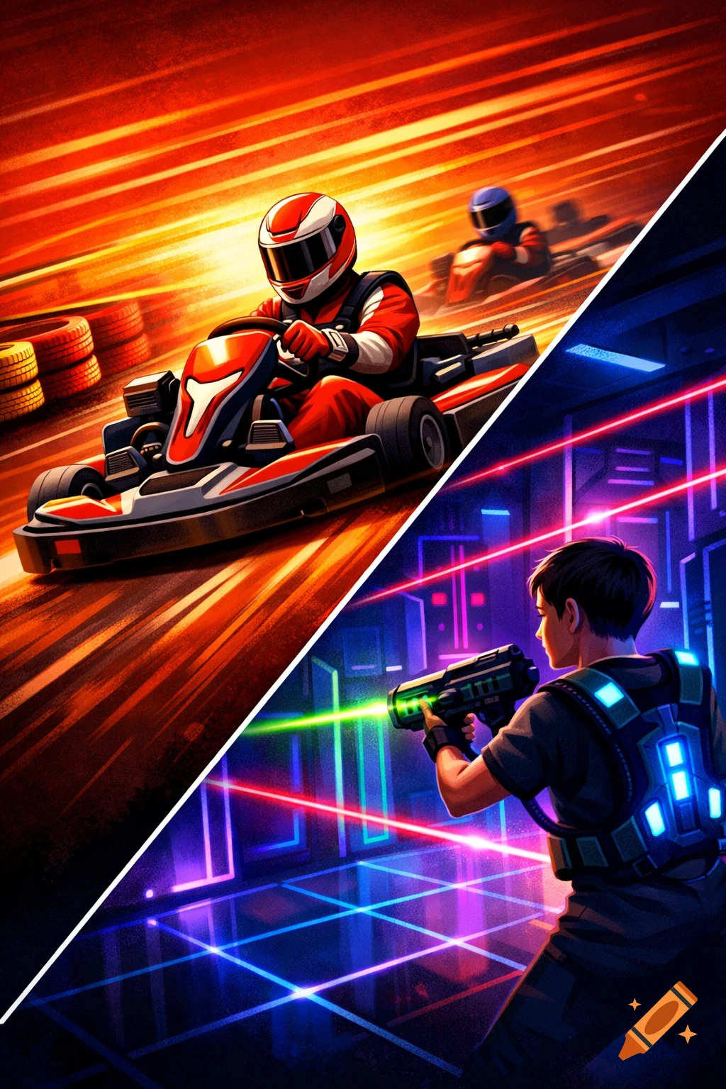 A vibrant, diagonally split illustration featuring a go-kart racer on a fiery track and a person playing laser tag in a neon arena.