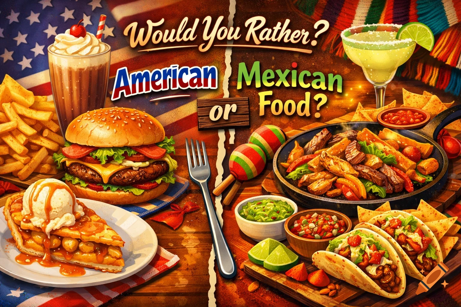 Vibrant illustration of American food (burger, fries, pie) on one side and Mexican food (tacos, fajitas, margarita) on the other, asking 'Would You Rather?'