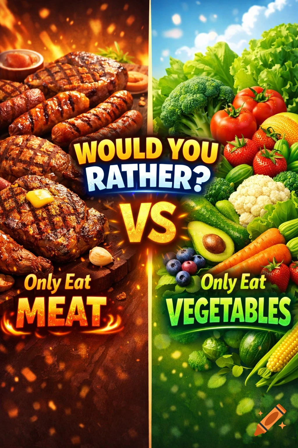 A split image with grilled meat vs. fresh vegetables. Text: 'WOULD YOU RATHER? Only Eat MEAT VS Only Eat VEGETABLES'.